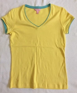 Lilly Pulitzer Yellow V-neck Tee With Turquoise Trim Sz S EEUC - Picture 1 of 6