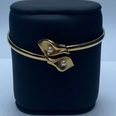 JTL 14k Yellow Gold Call Lily Freshwater Pearl Bangle Bracelet 6.6g - Image 1 of 4