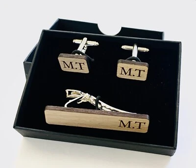 Personalised Cufflinks & Tie Clip Gift Set Initials Walnut Wood Garamond Font - Image 1 of 4