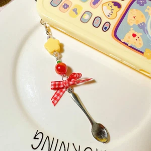 Red Plaid Ribbon Spoon Mobile Phone Chain Pendant Keychain Lanyard Camera Chain - Zdjęcie 1 z 7