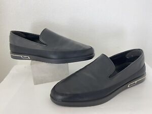 Prada Logo Mens 11 US 44 EU Black Leather Slip On Loafer Boater Shoes Auth