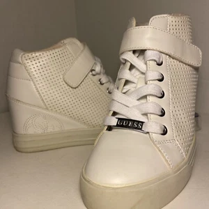 GUESS Hidden Wedge High Top Sneakers With Strap Logo White Women Size 7 - Picture 1 of 11