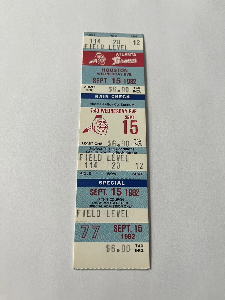 Boleto Nolan Ryan Win #204 15 de septiembre 1982 Houston Astros @ Atlanta Braves como nuevo Foto 1 de 1