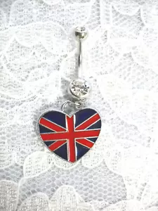 Union Jack Heart Shaped Flag on 14g Clear CZ Belly Ring Barbell Red and Blue - Picture 1 of 1