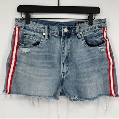 Bermuda jeans BlankNYC listra branca vermelha desgastada laterais tamanho 29 cortada - Imagem 1 de 4