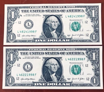 1998 Trailing Birthday Year Notes One Dollar Bill Fancy Serial Numbers Lot of 2 - Image 1 of 2