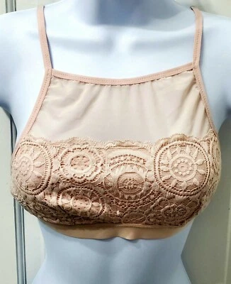 Bralette Aerie Crochet Encaje Malla Ligeramente Forrada Cuello Alto Pequeño Rosa Claro Sin Acolchado Foto 1 de 4