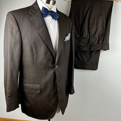 Holland Sherry 42R brown striped wool working cuff suit 35 x 30 pants READ - Image 1 of 4