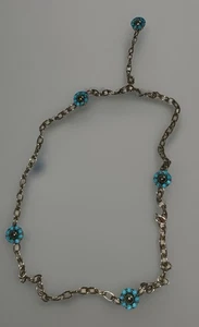 Vtg Western Silver Tone Chain Belt Faux Turquoise Bead Flowers 40” Adjustable - Picture 1 of 8