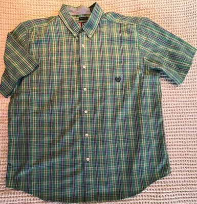 Camisa con botones a cuadros XL Chaps para hombre, azul, verde y tostado, manga corta Foto 1 de 4