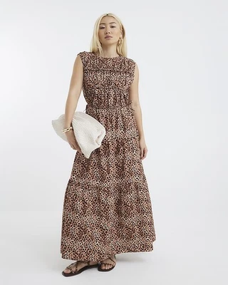 River Island Womens Maxi Dress Beige Leopard Drawstring Tiered Round Neck - Image 1 of 4
