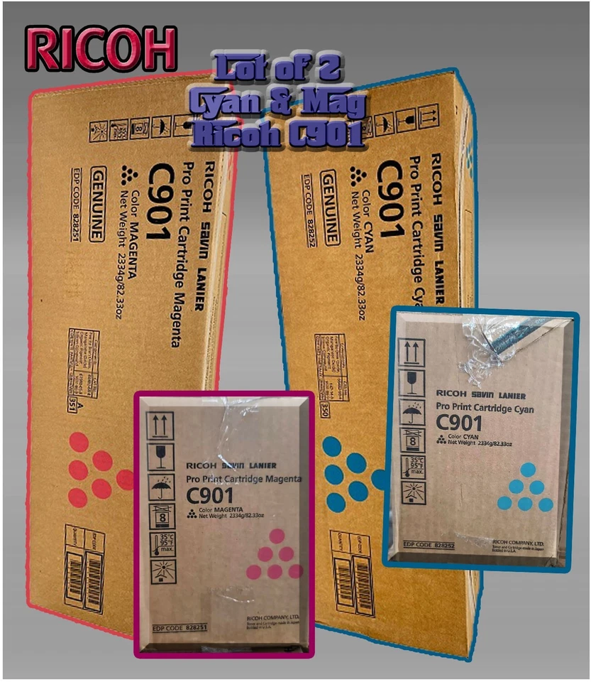 Ricoh Savin Lanier Pro C901  Lot of 2 per ORDER 1 Cyan 828252 & 1 Magenta 828251 - Image 1 of 4