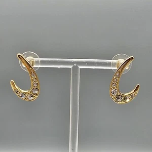 Rhinestone Swoop Earrings Pierced Ear Gold Tone Dangle Atomic Retro 1" - Picture 1 of 11