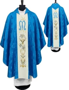 Marian CHASUBLE blue damask fabric, embroidered vestment - Picture 1 of 7