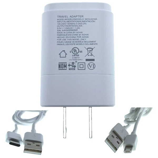 OEM LG Wall Charger MCS-V01WA White (5.0V-1.2A)+2 USB Cables(Type-C & Micro B) - Image 1 of 4
