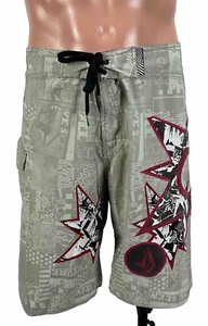 VINTAGE 90S VOLCOM BRUCE IRONS MOD TECH GRAY STARS BOARD SHORTS MENS 33 X-LONG - Picture 1 of 12