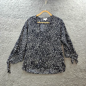 Witchery Womens Blouse Top Size 6 Black White Animal Print 3/4 Sleeve V-Neck - Picture 1 of 14