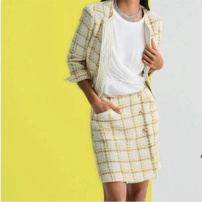CABI Tweed Coco Falda Traje Blanco/Amarillo/Marrón Talla Pequeña/4 Oficina Dinero Antiguo Foto 1 de 4