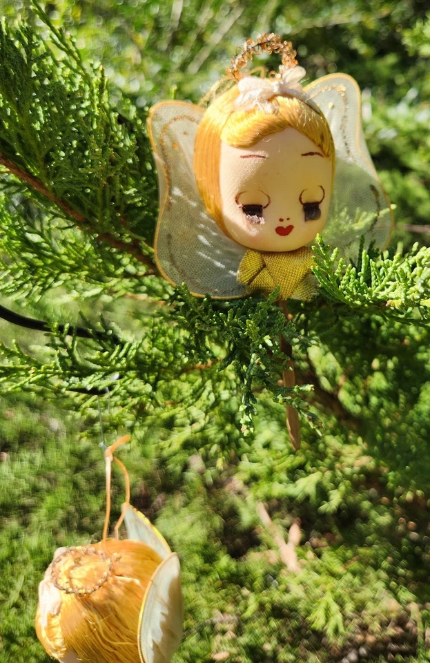 Vtg Christmas Angel Head Net Stocking Wire Rhinestone Japan Ornament Set of 2 - Image 1 of 4