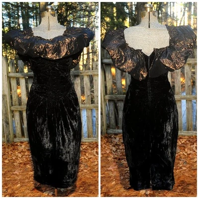 Vestido de Fiesta de Terciopelo Negro Colecciones Años 80 De Colección Cobre Metálico Cuello con Volantes XS Foto 1 de 4