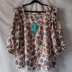 Pioneer Woman Blouse Size 1X (16W-18W) Ruffles On 3/4 Sleeve Square Neck Shirt - Picture 1 of 16