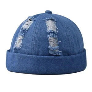 Men Unisex Denim Skull Cap Brimless Hats Distressed Hip Hop Casual Fashion Blue - Picture 1 of 18