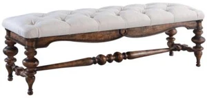 Bench Portico Old World Distressed Wood Rustic Pecan, Tufted Oatmeal Linen Seat - Picture 1 of 3