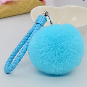 Aqua 3.15" Soft Rabbit Fur Ball Fluffy KeyChain Ring Handbag Car Pom pendant - Picture 1 of 1