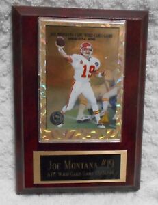 JOE MONTANA 5" X 7" PLAQUE ("19 AFC WILD CARD GAME 12/31/94") WITH FOOTBALL CARD