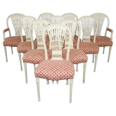 Conjunto de 10 cadeiras de jantar antigas de pintura branca atribuídas a balão Maison Jansen - Imagem 1 de 4