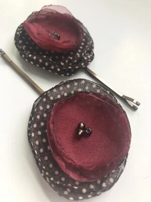 Handmade Flower Bobby Pin Set Red Brown Polka Dot Elegant Women Hair Pin - Image 1 of 4