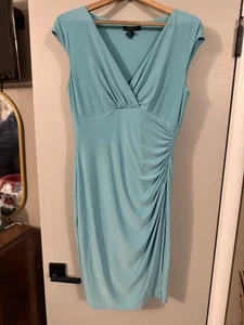 Lauren Ralph Lauren Sleeveless Dress Womens Sz 10 Teal Ruched Pleated Faux Wrap - Picture 1 of 9