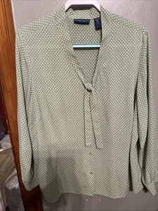Karen Scott Collared Blouse Polka Dot Pattern Tie-neck Green Long Sleeves - Picture 1 of 7