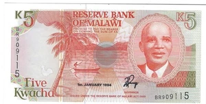 Billete Malawi 5 Kwacha 1994 P24b, nítido - Imagen 1 de 2
