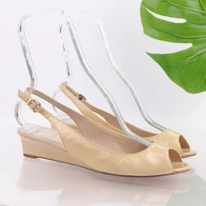 Via Spiga Women's Sandal Size 9.5 Low Wedge Heel Slingback Nude Tan Patent Shoe - Picture 1 of 13