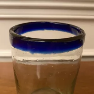 Mexican Blue Rim 16 oz Tumbler Drinking Glass Hand Blown Glassware - Picture 1 of 7