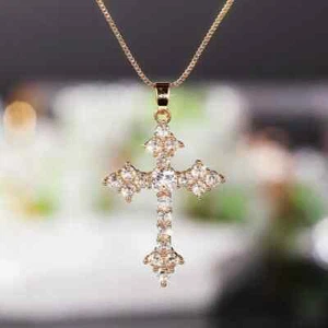 2 Ct Round Cut Real Moissanite Women's Cross Chain Pendant 14K Rose Gold Finish - Picture 1 of 4