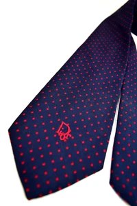 Neck Tie VTG Christian Dior 60s 70s Navy Blue Red Dotted Silk Blend Tie 54" x 4" - Picture 1 of 8