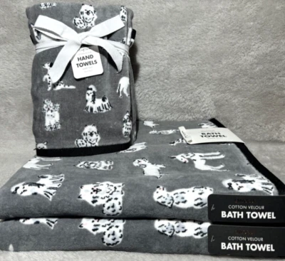 ENVOGUE BATH TOWEL & HAND TOWEL SET ~ DOGS ~ BLK GRAY & WHITE COLOR ~ BRAND NEW! - Image 1 of 4