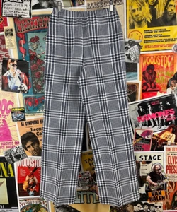 Vintage 70s Blue White Elastic Wide Leg Houndstooth Plaid Trouser Pants Hi Rise - Picture 1 of 10