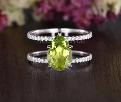 2ct Pear Cut Natural Peridot & Diamond 100% 14k SOLID White Gold Engagement Ring - Image 1 of 4