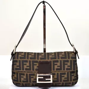 Fendi FF Zucca Canvas Leather Baguette Shoulder Bag Hobo Handbag Purse - Picture 1 of 24