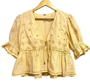 Free People Bluse Damen klein orange bestickt Schößchen vorne zum Binden Boho Rüschen - Bild 1 von 13