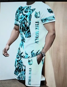 Herren Wolf TShirt/ Short Set Kordelzug Taille weiß & blau schwarz Akzente 3XL - Bild 1 von 5