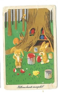Vintage Postcard HAPPY EASTER Hungarian Rabbits Bunnies painting Eggs - Picture 1 of 2