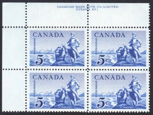 PIERRE GAULTIER FRENCH EXPLORER = Canada 1958 #378 MINT HINGED UL BLOCK PLATE #1 - Bild 1 von 1