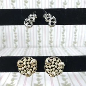 2 Pairs Coro Clip On Earrings Silvertone Goldtone Swirls Floral Round Texture - Picture 1 of 8