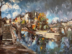 Large Painting Paris Ile Saint-Louis Signed Landscape The Seine HST - Picture 1 of 14