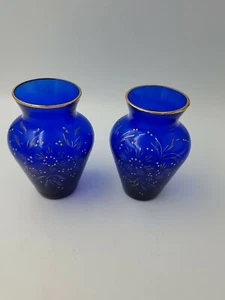 ANTIQU VICTORIAN COBALT BLUE BRISTOL GLASS POSY BUD VASES HAND PAINTED GOLD PAIR - Picture 1 of 10