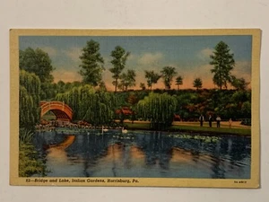 Vintage Italian Gardens Lake Linen Postcard Harrisburg Pennsylvania Arch Bridge - Picture 1 of 6